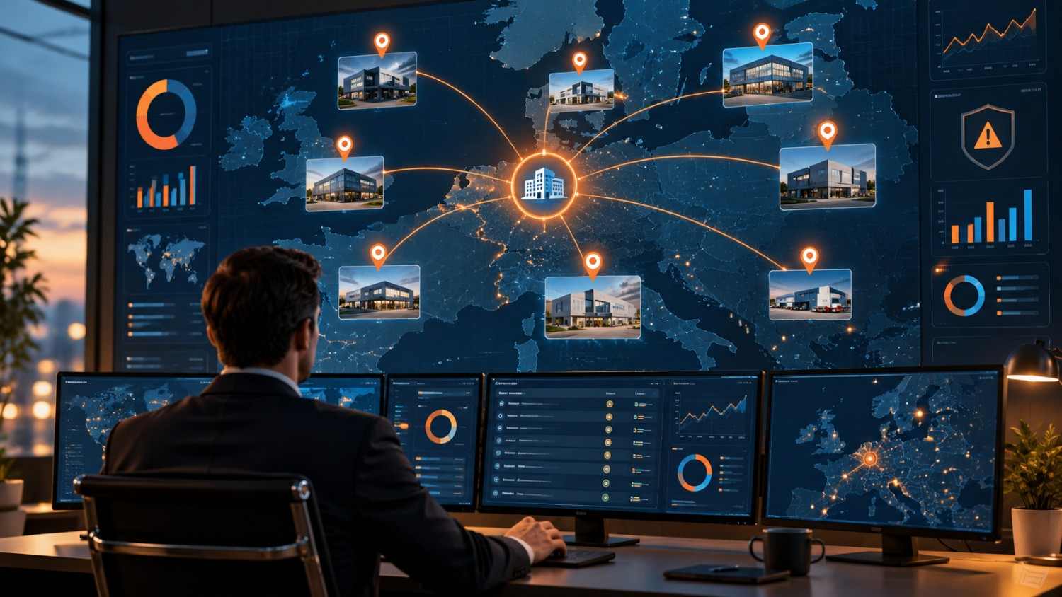Overzicht van leveranciers op een digitale kaart, verbonden met een centrale organisatie om risico’s in de NIS2-toeleveringsketen inzichtelijk te maken.