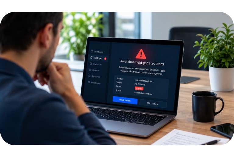 Medewerker bekijkt een beveiligingsmelding over een kwetsbaarheid op zijn laptop